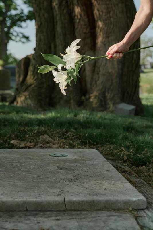 hand-leaving-white-lilies-on-grave